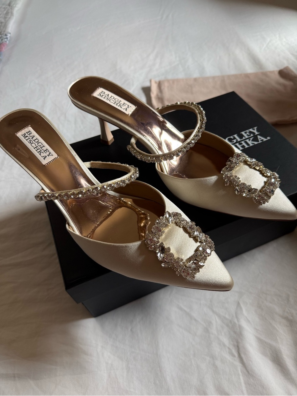 Badgley Mischka Women's Ivory Satin Crystal-Embellished Mules